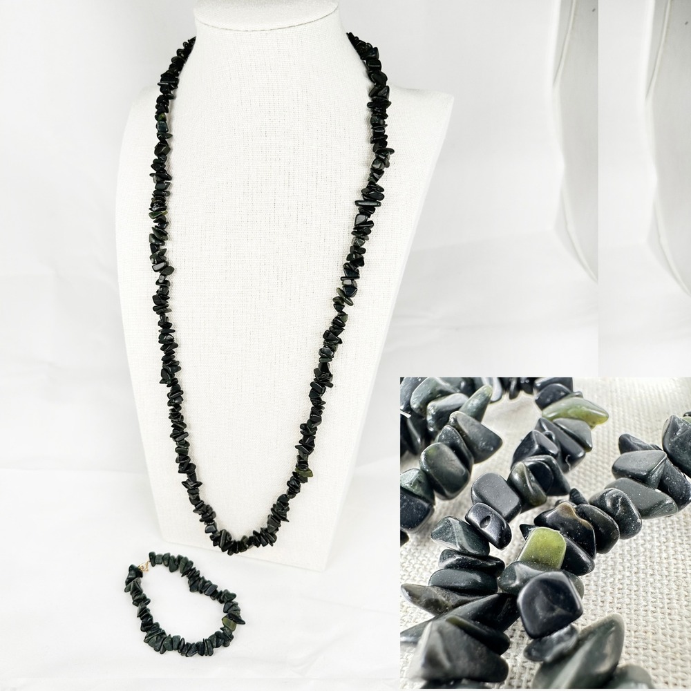 Dark Green Nephrite 14K Gold Clasp Jade‎ Chip Necklace Bracelet Set 22" 7"